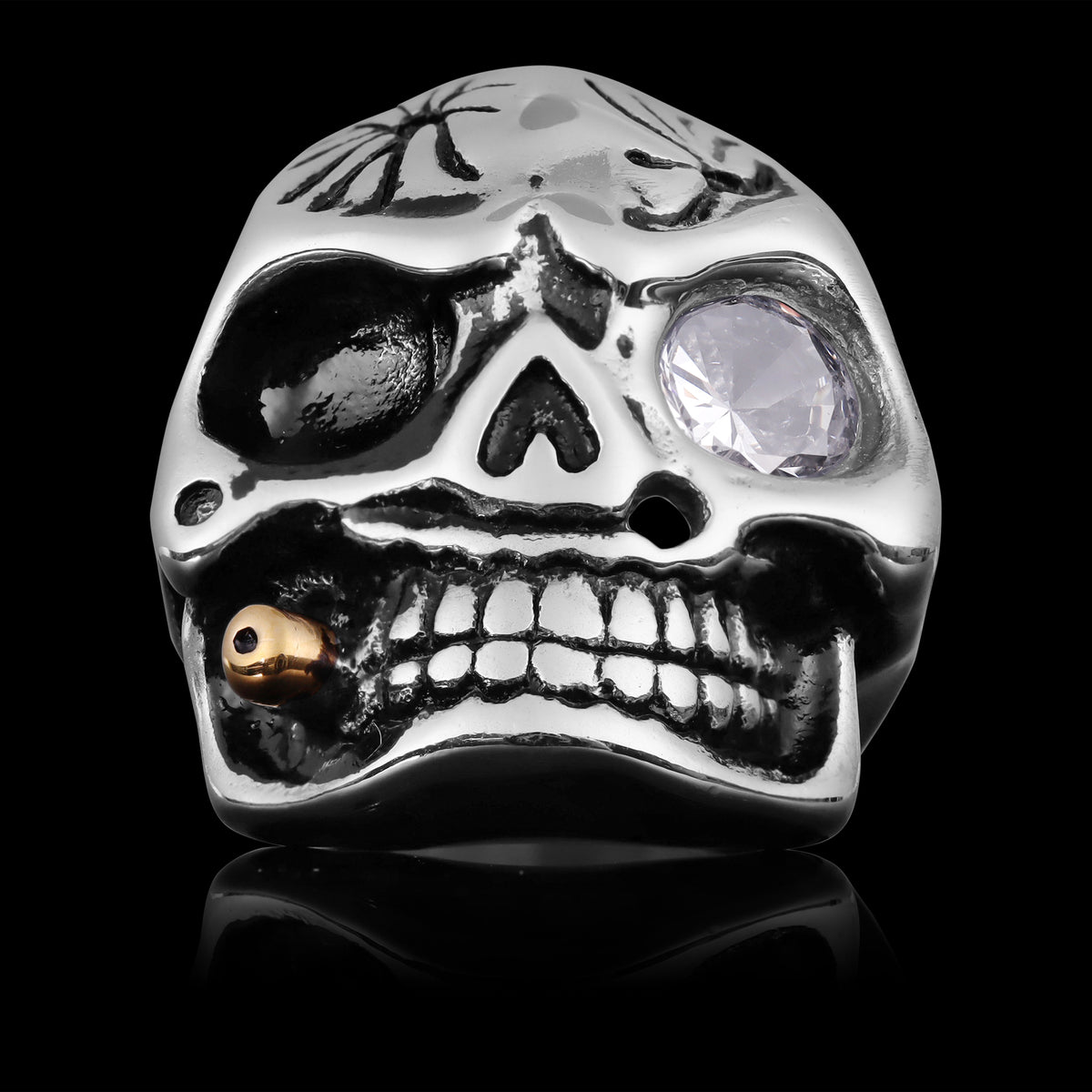 Stainless Steel Skull Smoking 18K Cigar & CZ Eye Ring