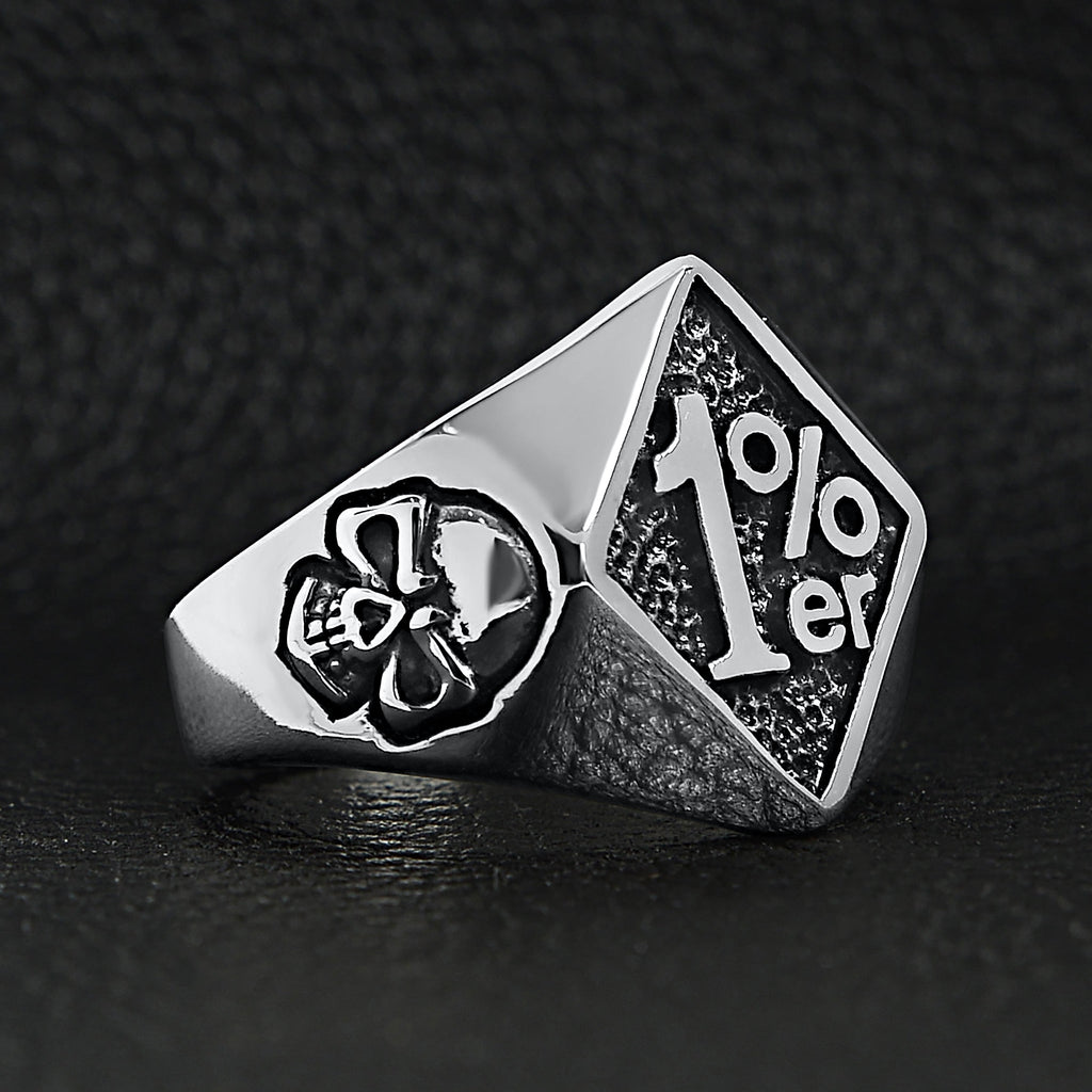 Stainless Steel "1%er" With Skull Accents Signet Ring
