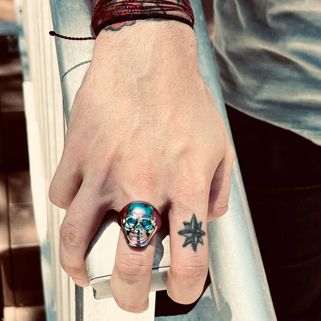 Biker Jewelry Shop Rainbow Skull Ring on Man's Hand