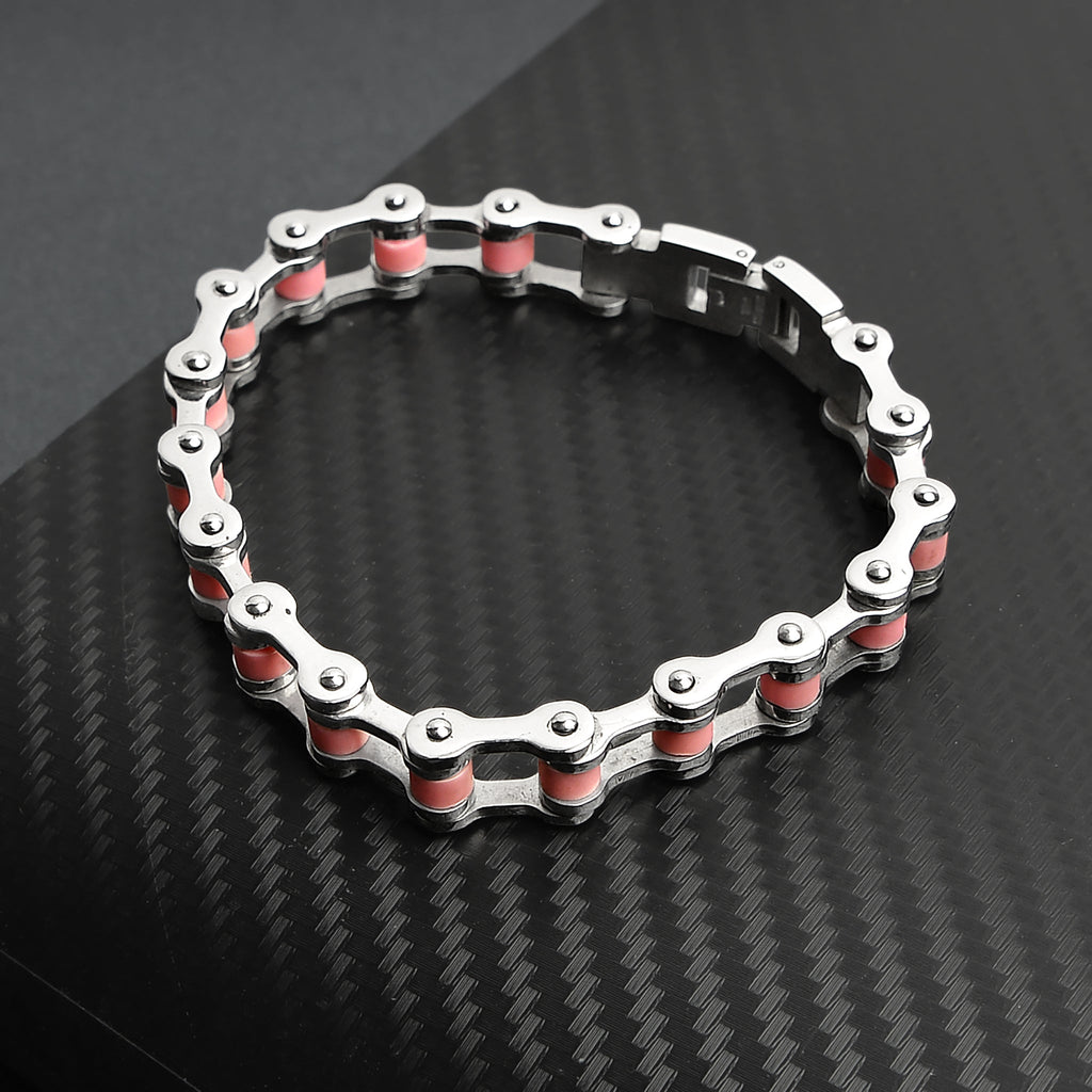 Stainless Steel And Pink Womens Bike Chain Bracelet