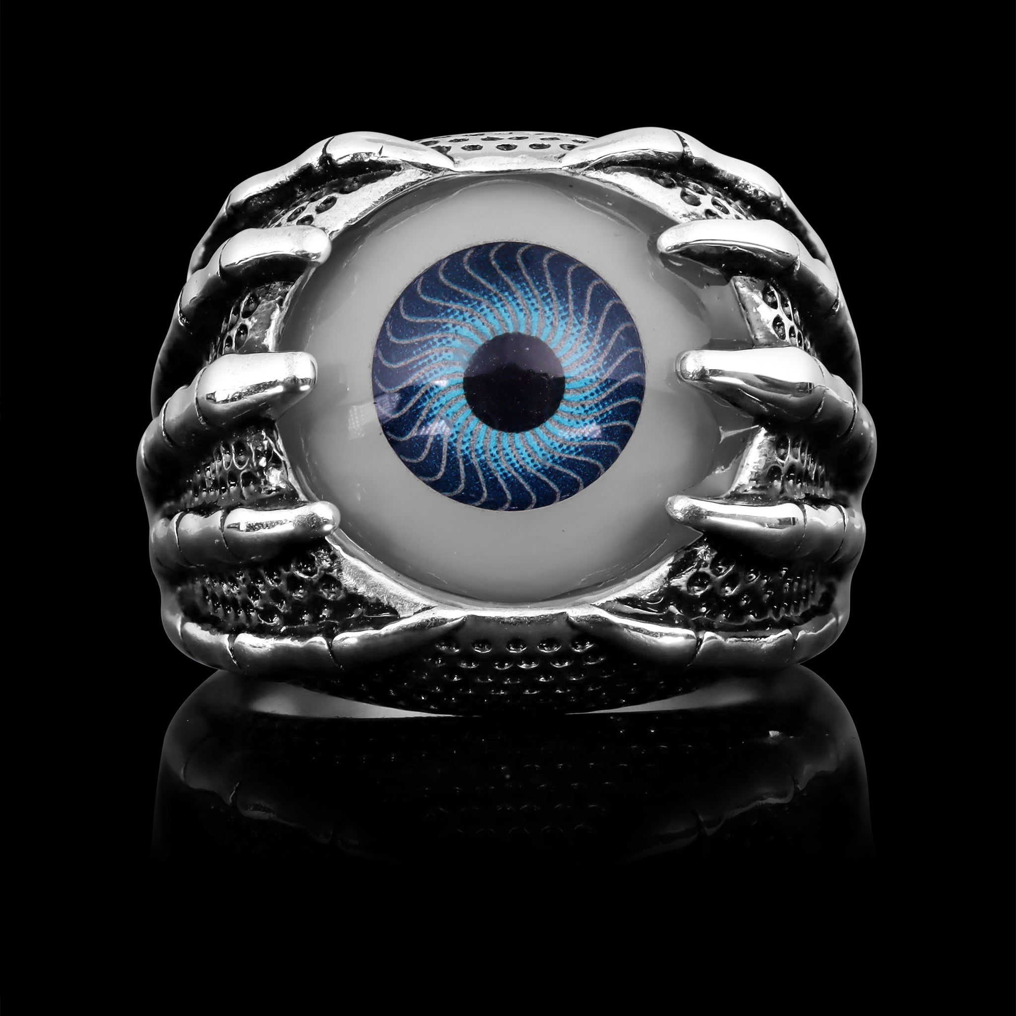 Stainless Steel Skeleton Hands Holding Blue Eyeball Ring – Biker 