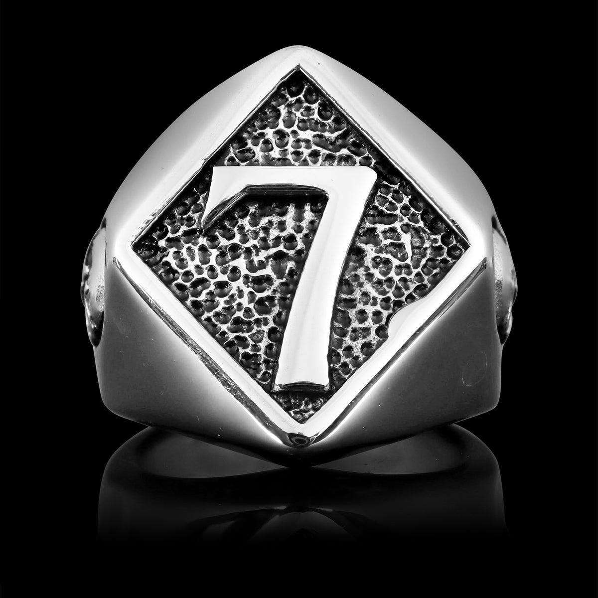 Stainless Steel Lucky 7 & Skull Accent Signet Ring – Biker Jewelry Shop