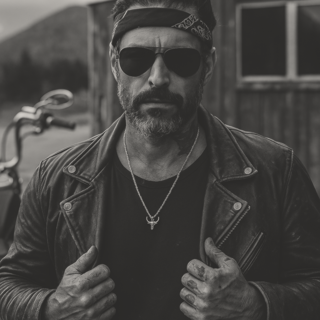 Man wearing sunglasses, leather jacket, and bull pendant necklace