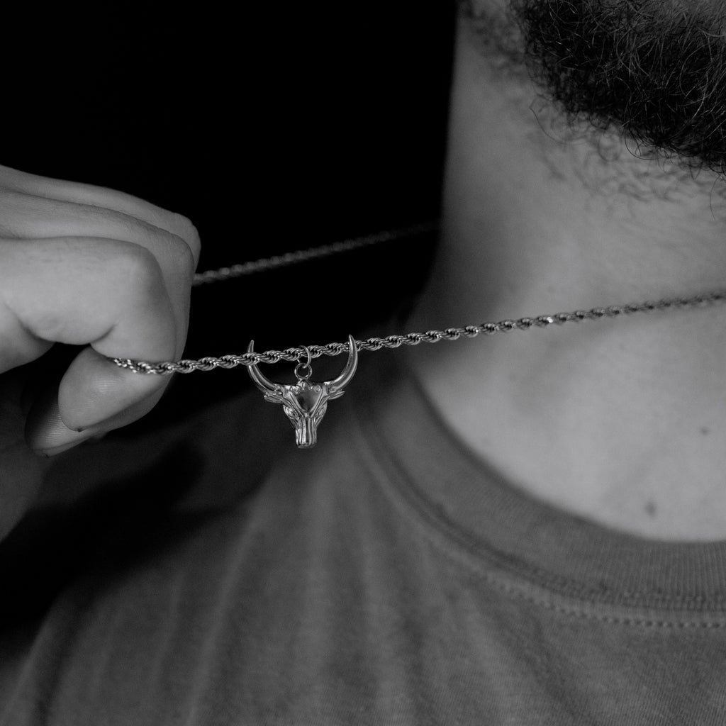 Person wearing a necklace with a bull head pendant, close-up on dark background