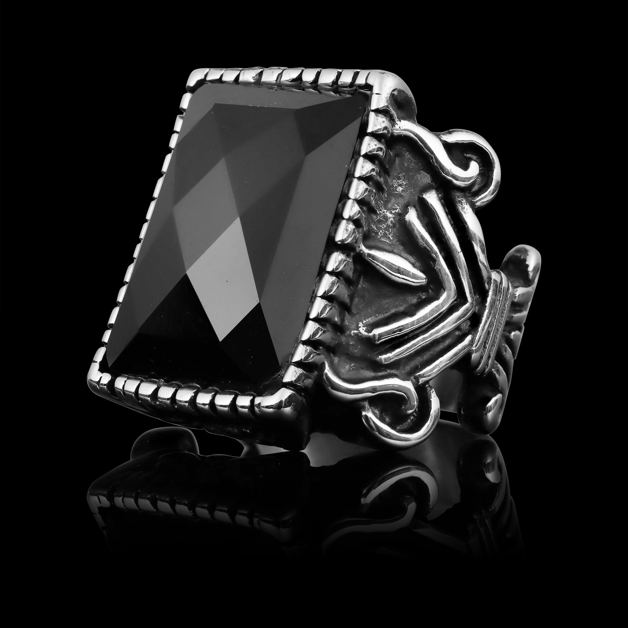 Detailed Center Black Stone Stainless Steel Ring – Biker Jewelry Shop