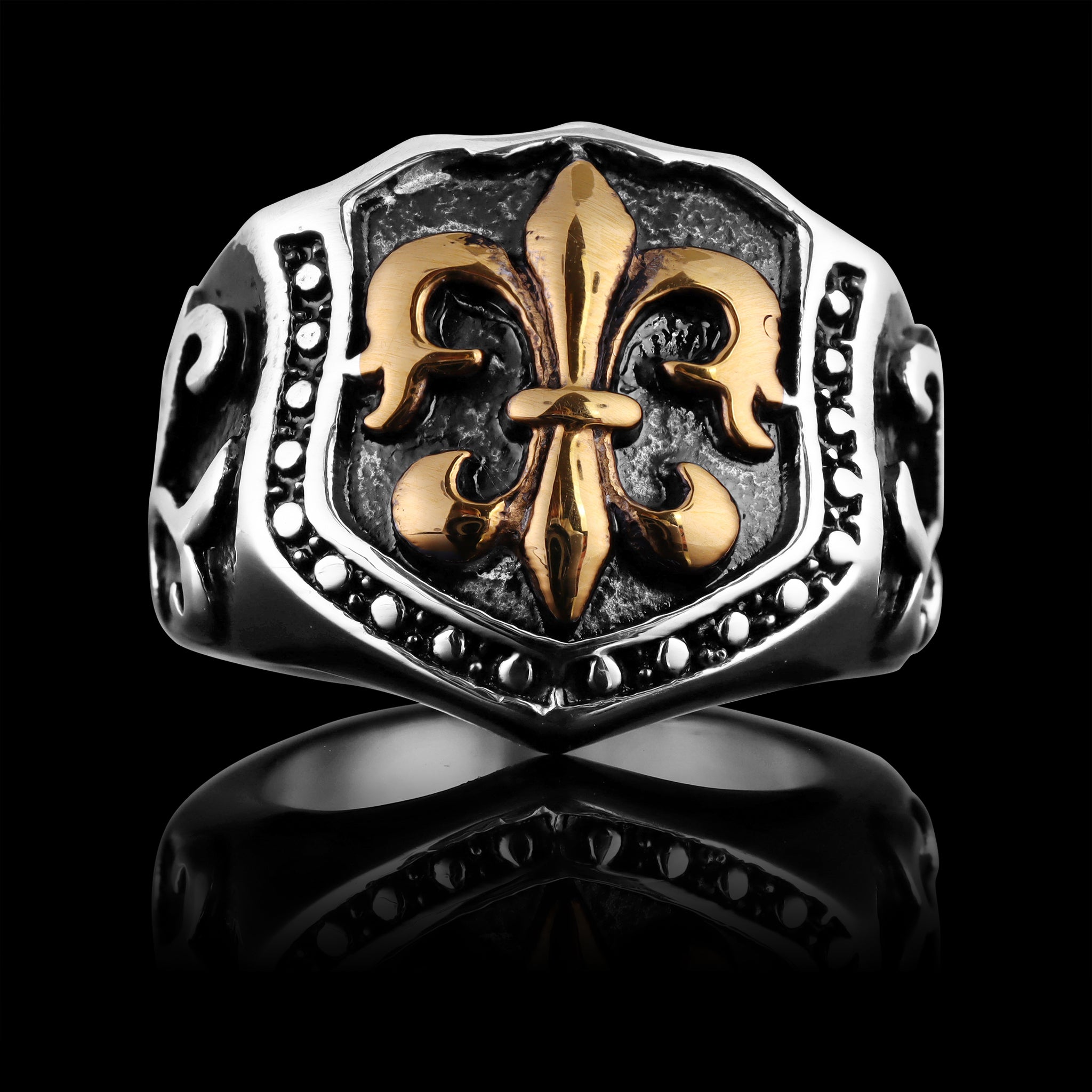 18K Gold PVD Coated Stainless Steel Fleur De Lis Shield Signet