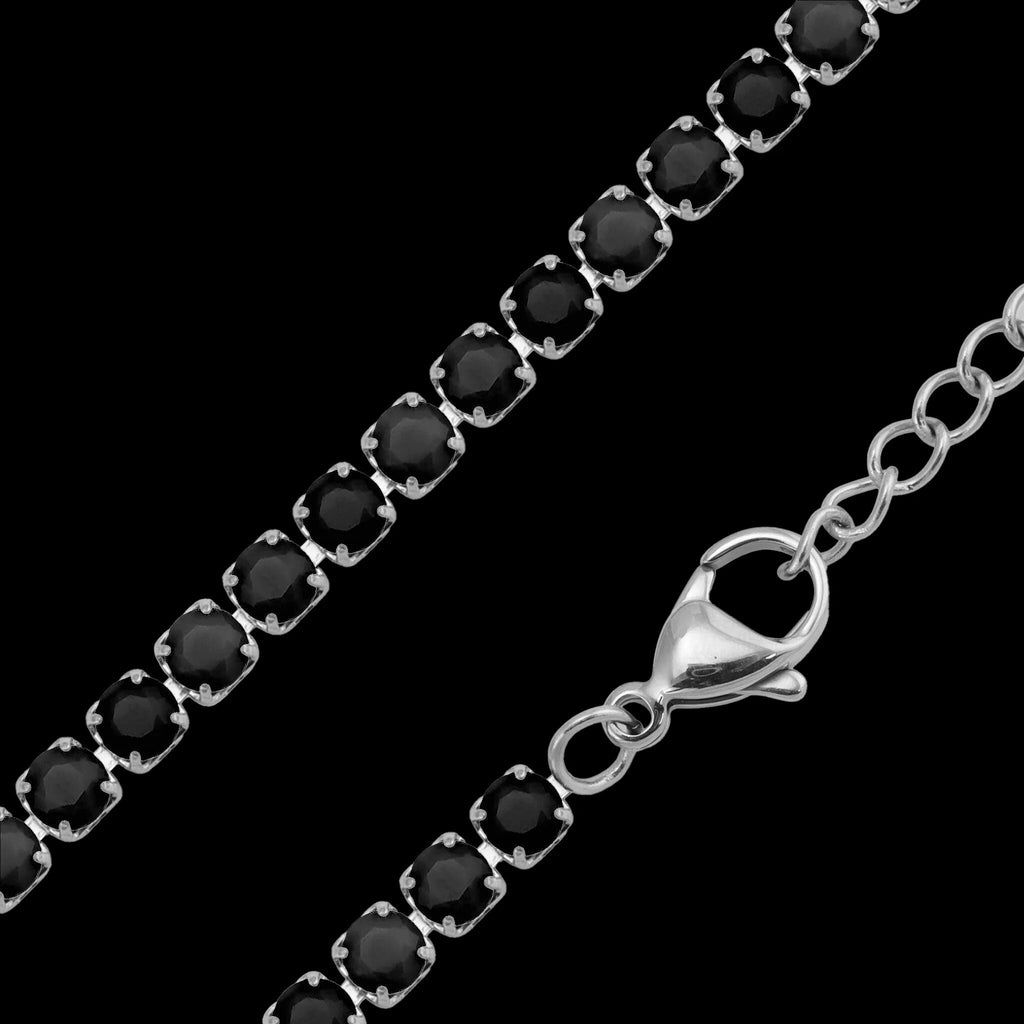 Stainless Steel Jet Rhinestone Tennis Chain Necklace With 2