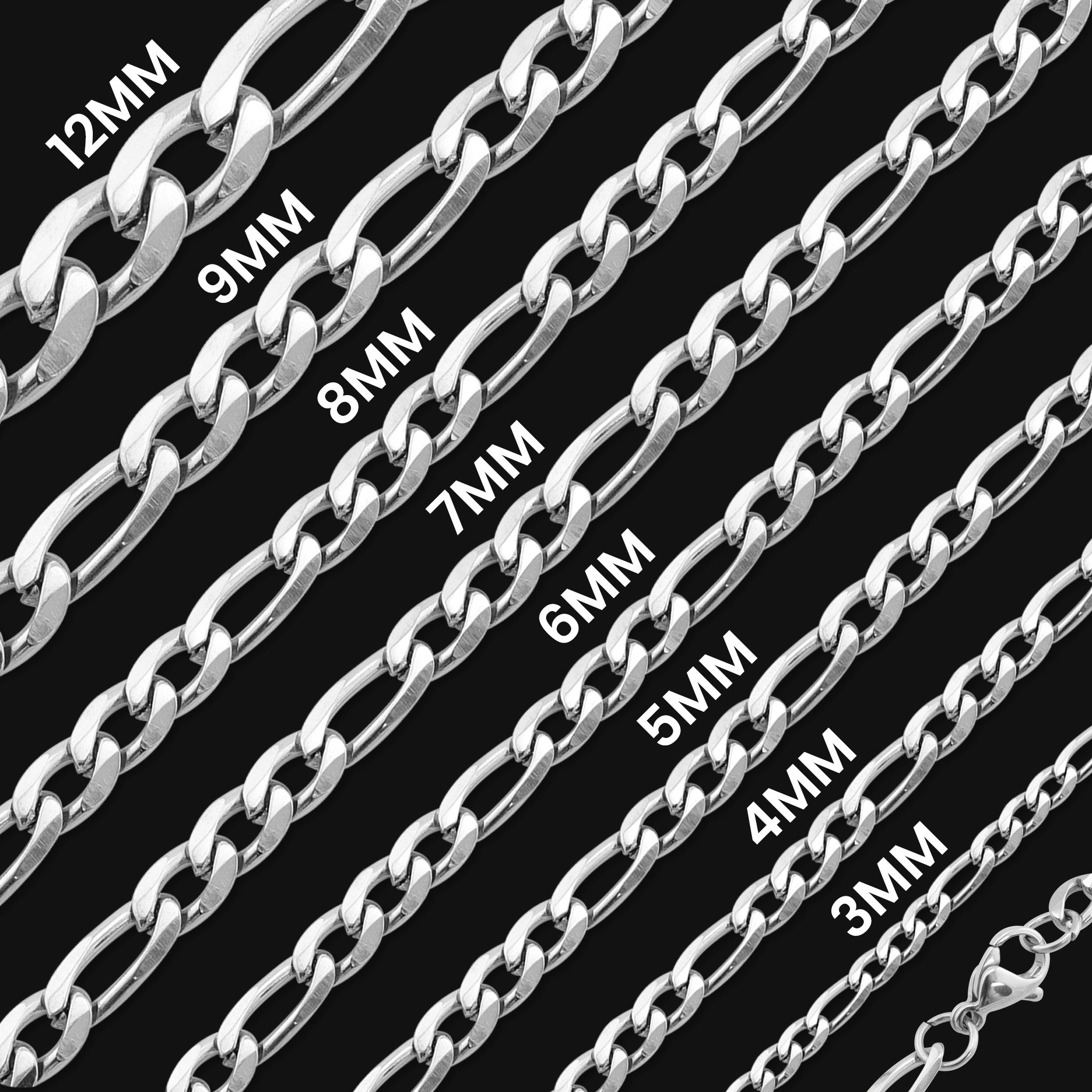 Sterling Silver Figaro Chain Necklace 925 - 3mm, 5mm, 7mm, Or 9mm Width, Made In Italy