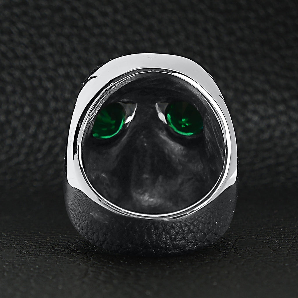 Stainless Steel Green CZ Eyed Cracked Mens Skull Ring Back View