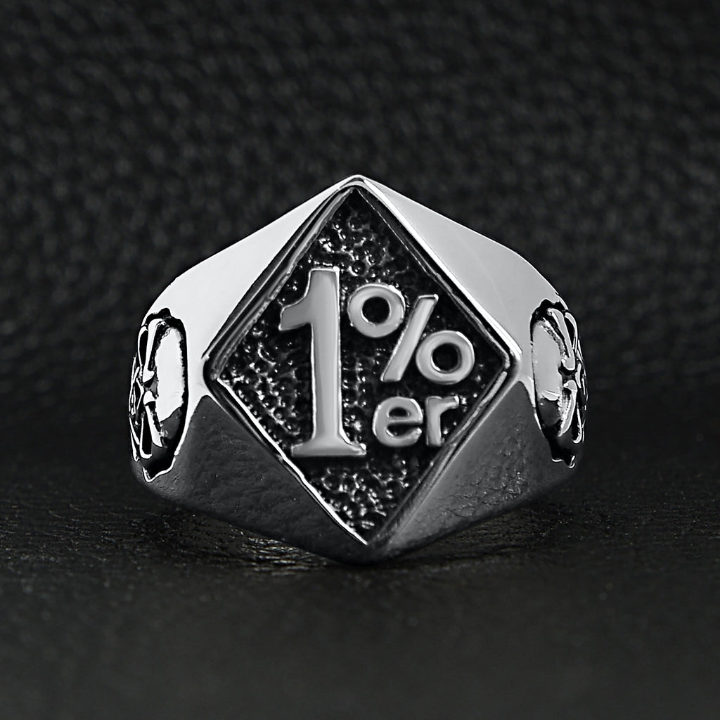 Stainless Steel "1%er" With Skull Accents Signet Ring