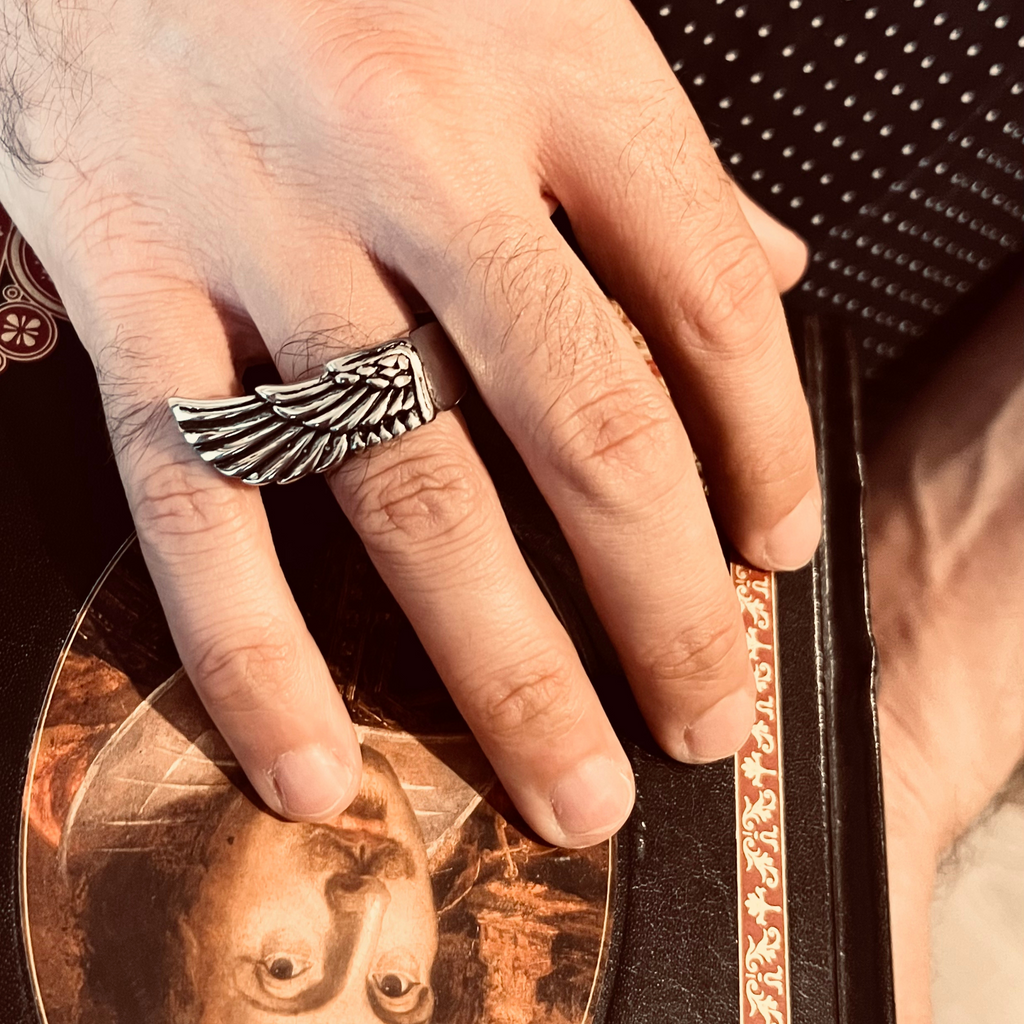 Stainless Steel Detailed Wing Ring on Man's Hand