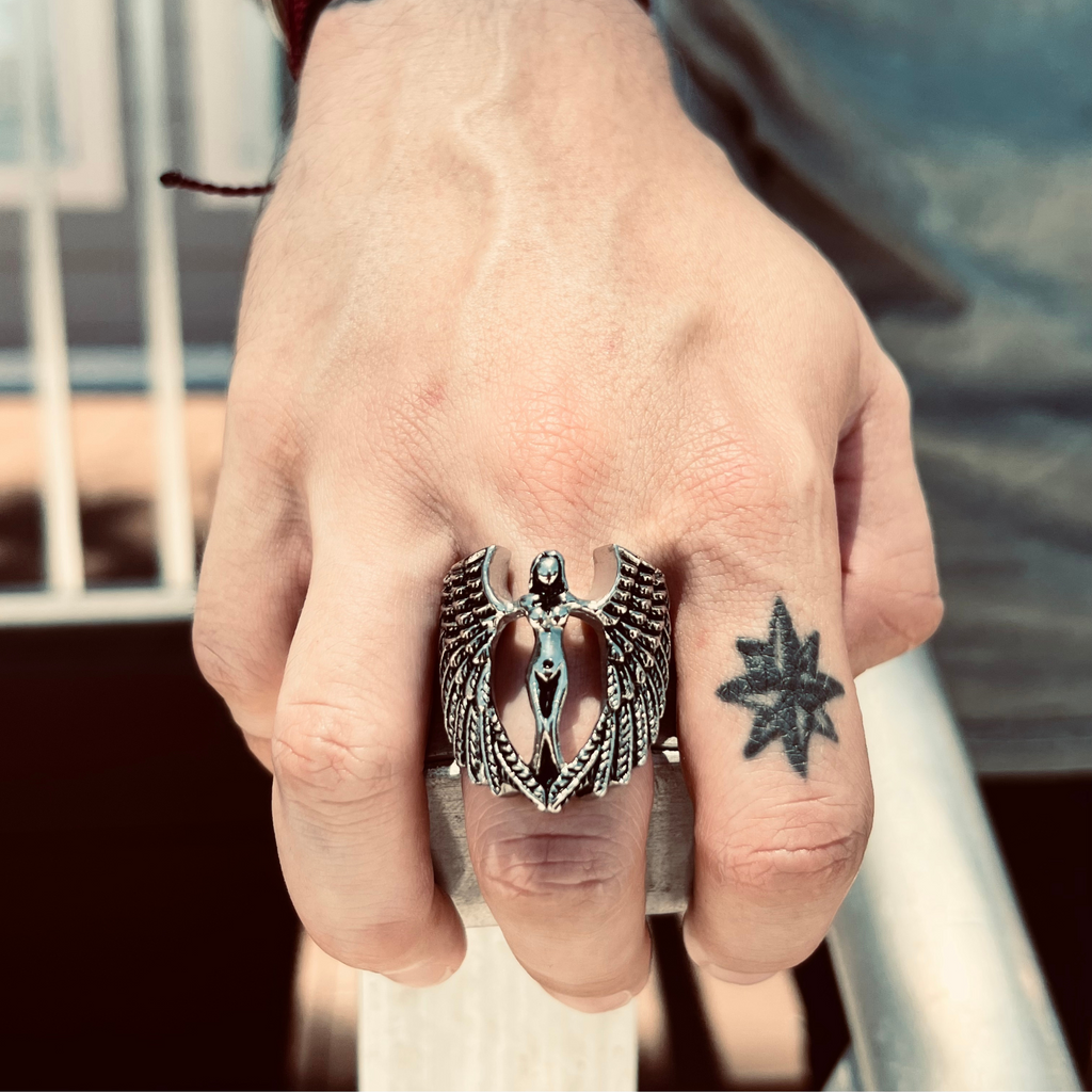 Biker Jewelry Shop Stainless Steel Large Nude Angel Ring on Man's Hand