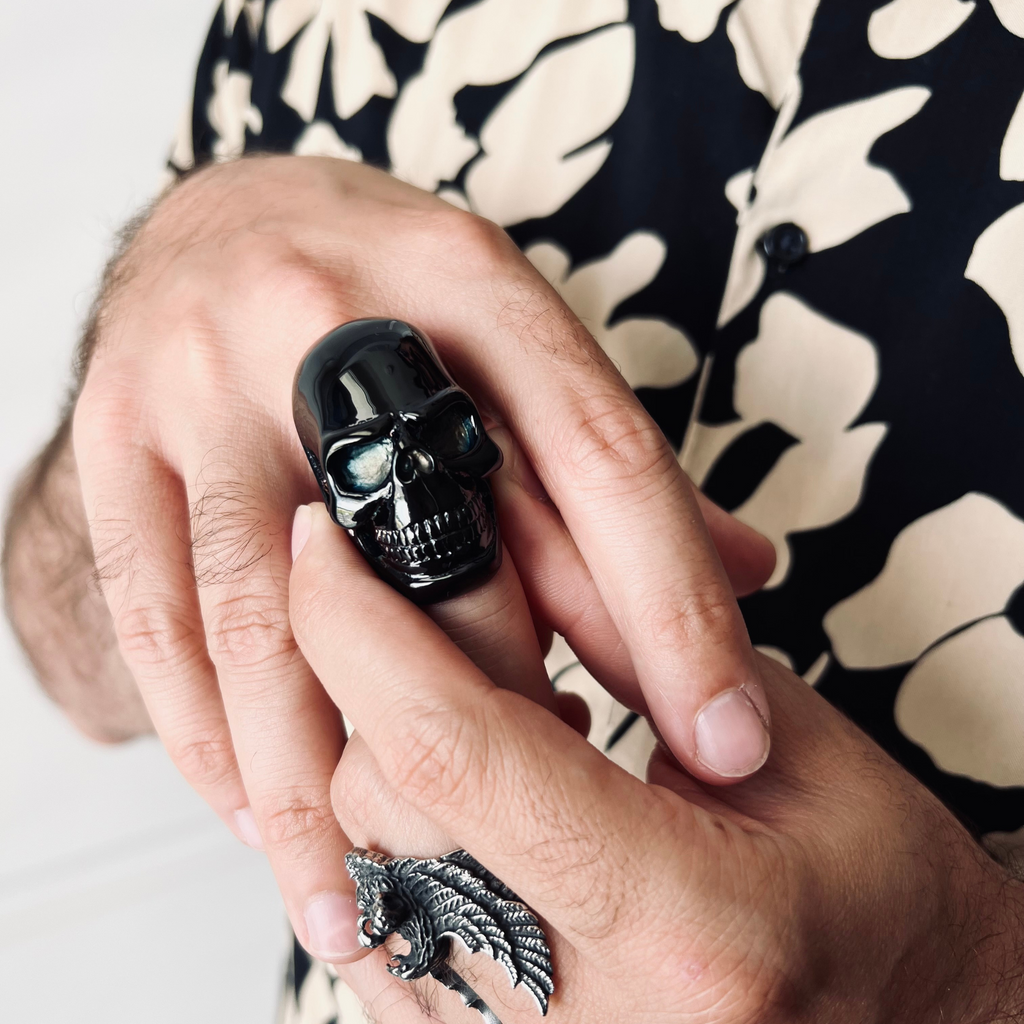 Stainless Steel Black Skull Ring on Man's Hand