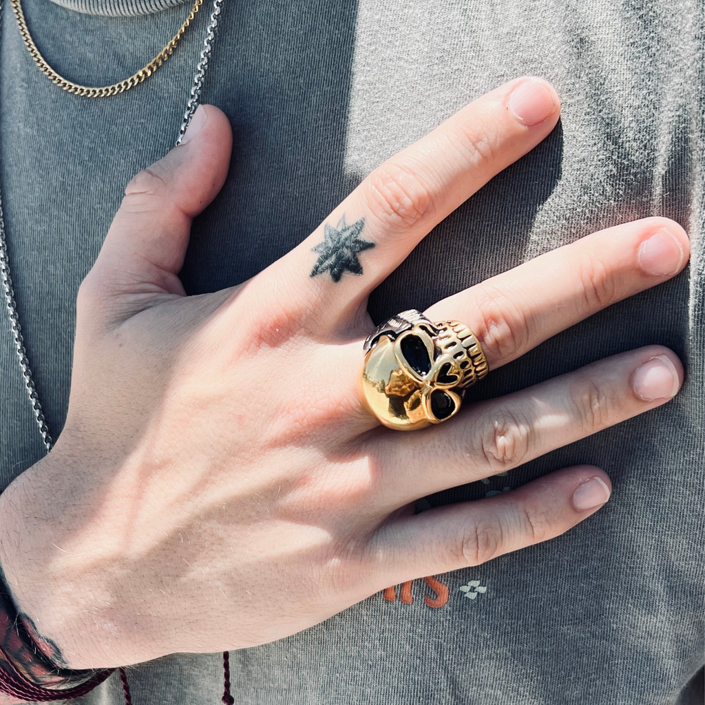 Stainless Steel And 18K Gold Plated Skull Ring on Man's Hand