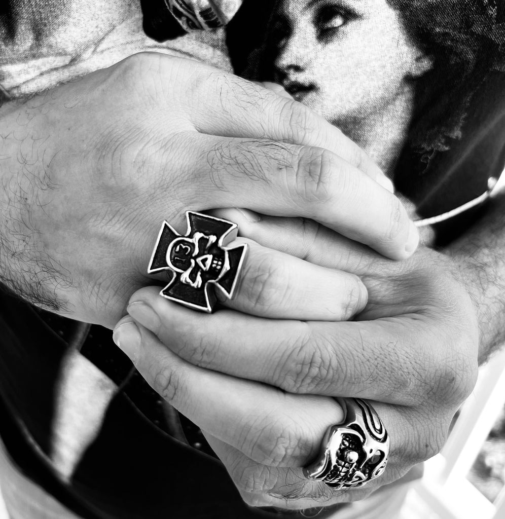 Stainless Biker Jewelry Shop Steel "13" Skull Maltese Cross Signet Ring
