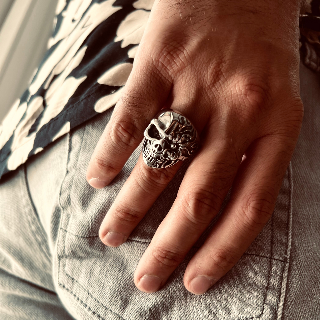 Stainless Steel Two-Faced Skull Ring on Man's Hand