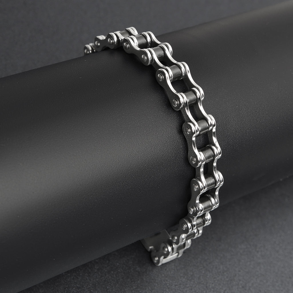 Biker Jewelry Shop Stainless Steel And Black Bike Chain Bracelet