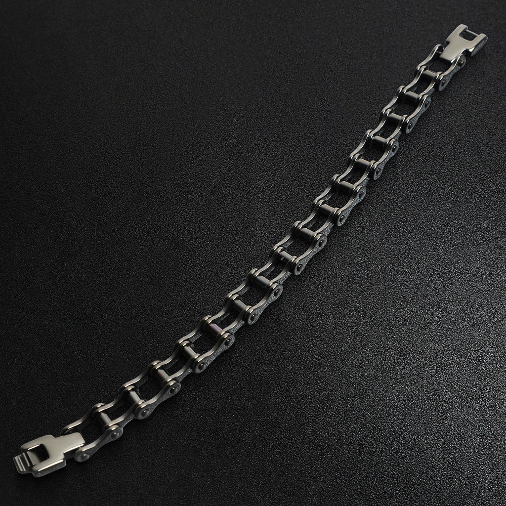 Stainless Steel Black Bike Chain Bracelet Full Length View