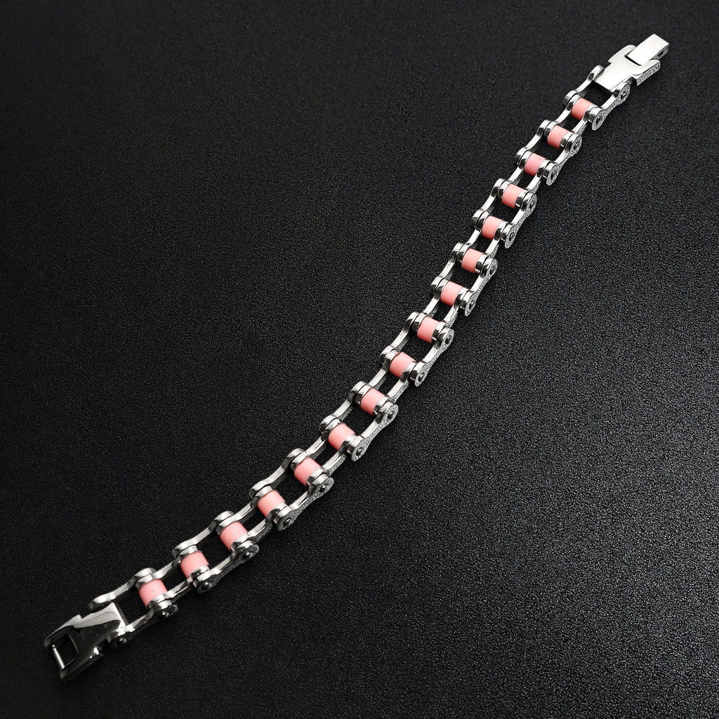 Stainless Steel And Pink Womans Bike Chain Bracelet