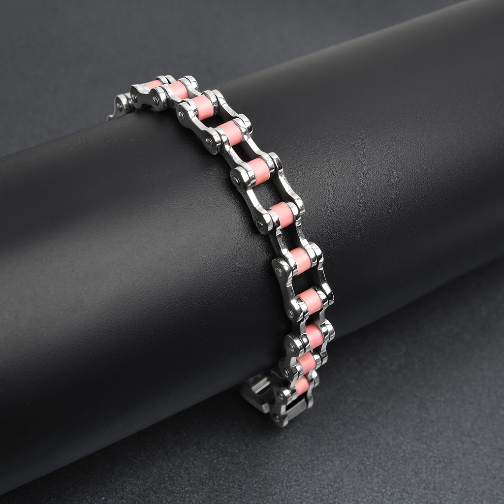 Stainless Steel And Pink Womens Bike Chain Bracelet