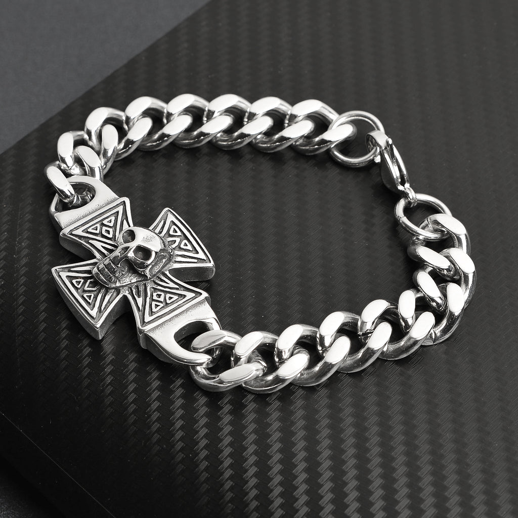 Biker Jewelry Shop Stainless Steel Maltese Cross with Skull Bracelet