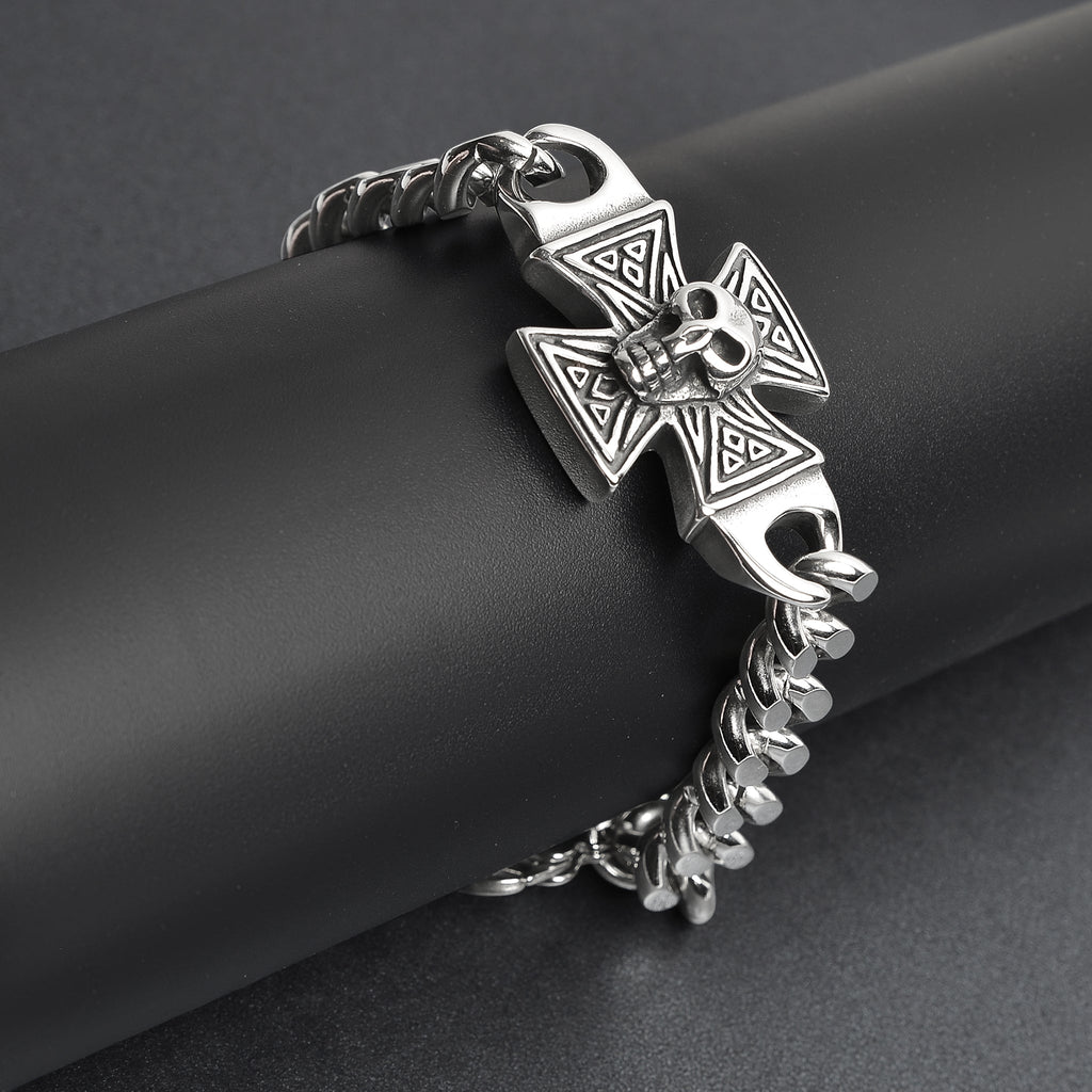 Biker Jewelry Shop Stainless Steel Maltese Cross with Skull Bracelet
