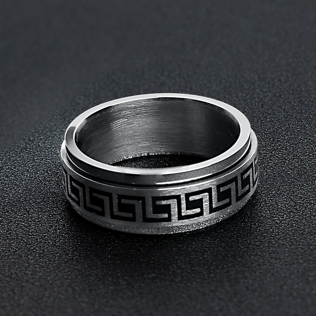 Black Greek Key Spinner Center Polished Stainless Steel Ring / SRJ2056
